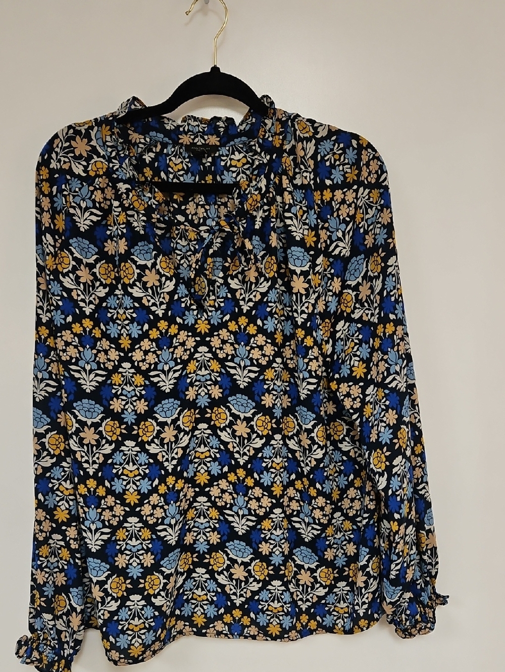 Ann Taylor Black Floral Tie-Neck Blouse with Blue and Yellow Accents
